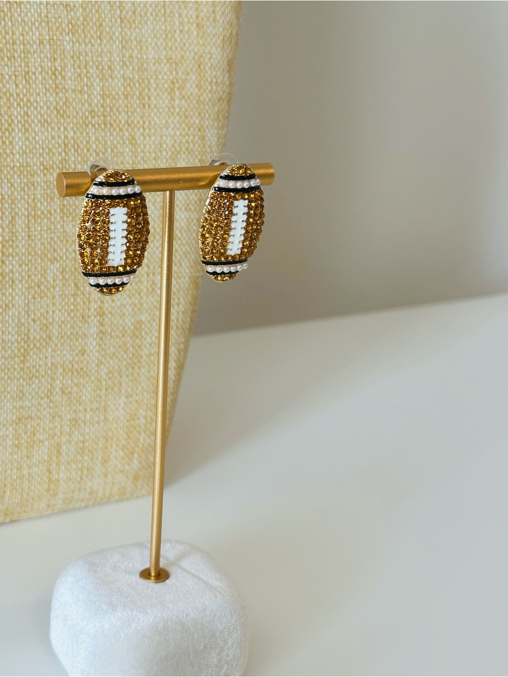 Fashion Jewelry Gold, White and Black Beaded Football Stud Earrings